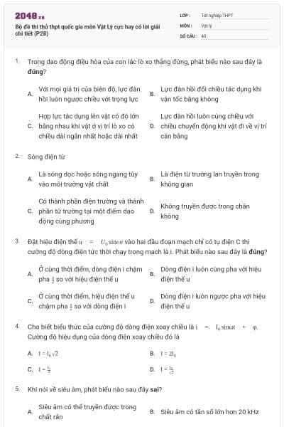 Bộ đề thi thử thpt quốc gia môn Vật Lý cực hay có lời giải chi tiết (P28)