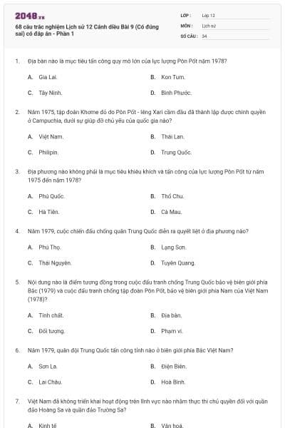 68 câu trắc nghiệm Lịch sử 12 Cánh diều Bài 9 (Có đúng sai) có đáp án - Phần 1