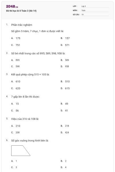 Đề thi học kì II Toán 3 (Đề 14)