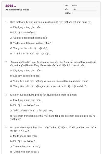 Bài 4: Phép thử và biến cố