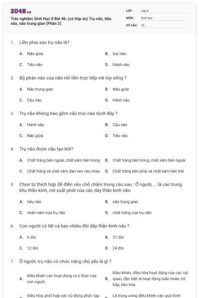 Trắc nghiệm Sinh Học 8 Bài 46: (có đáp án) Trụ não, tiểu não, não trung gian (Phần 2)