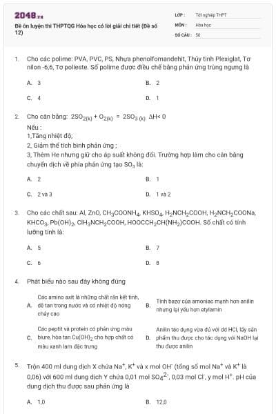 Đề ôn luyện thi THPTQG Hóa học có lời giải chi tiết (Đề số 12)