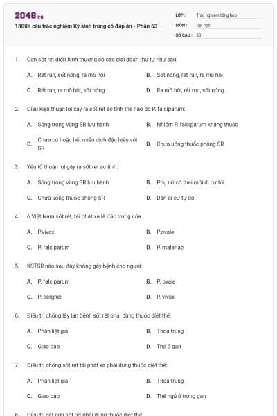 1800+ câu trắc nghiệm Ký sinh trùng có đáp án - Phần 63