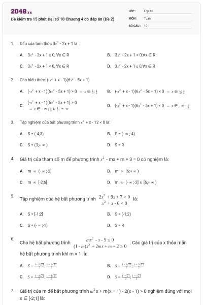 Đề kiểm tra 15 phút Đại số 10 Chương 4 có đáp án (Đề 2)