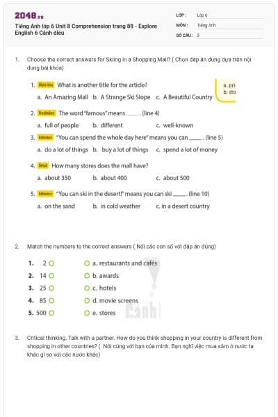 Tiếng Anh lớp 6 Unit 8 Comprehension trang 88 - Explore English 6 Cánh diều