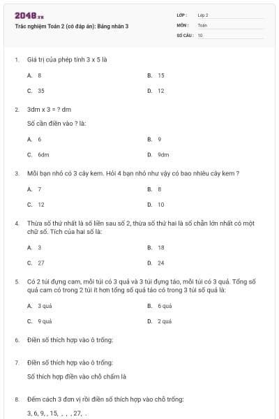 Trắc nghiệm Toán 2 (có đáp án): Bảng nhân 3