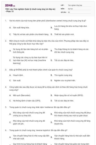 700+ câu Trắc nghiệm Quản lý chuỗi cung ứng (có đáp án) - Phần 15