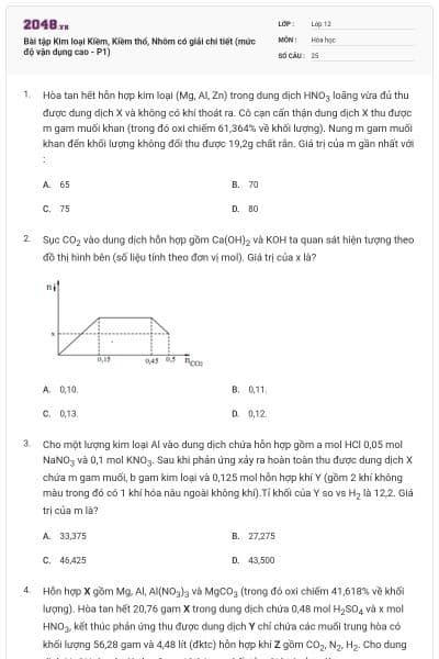 Bài tập Kim loại Kiềm, Kiềm thổ, Nhôm có giải chi tiết (mức độ vận dụng cao - P1)