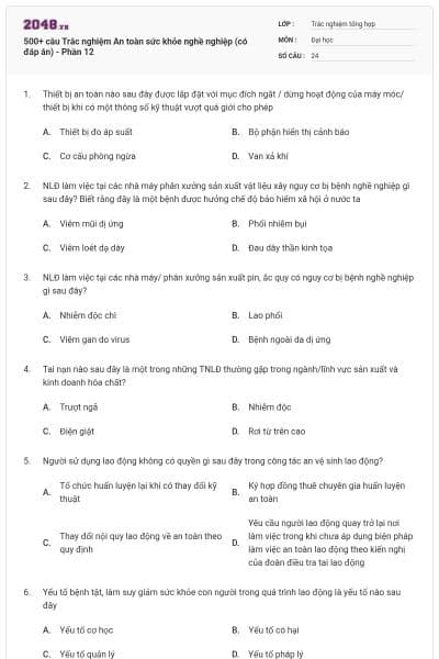 500+ câu Trắc nghiệm An toàn sức khỏe nghề nghiệp (có đáp án) - Phần 12
