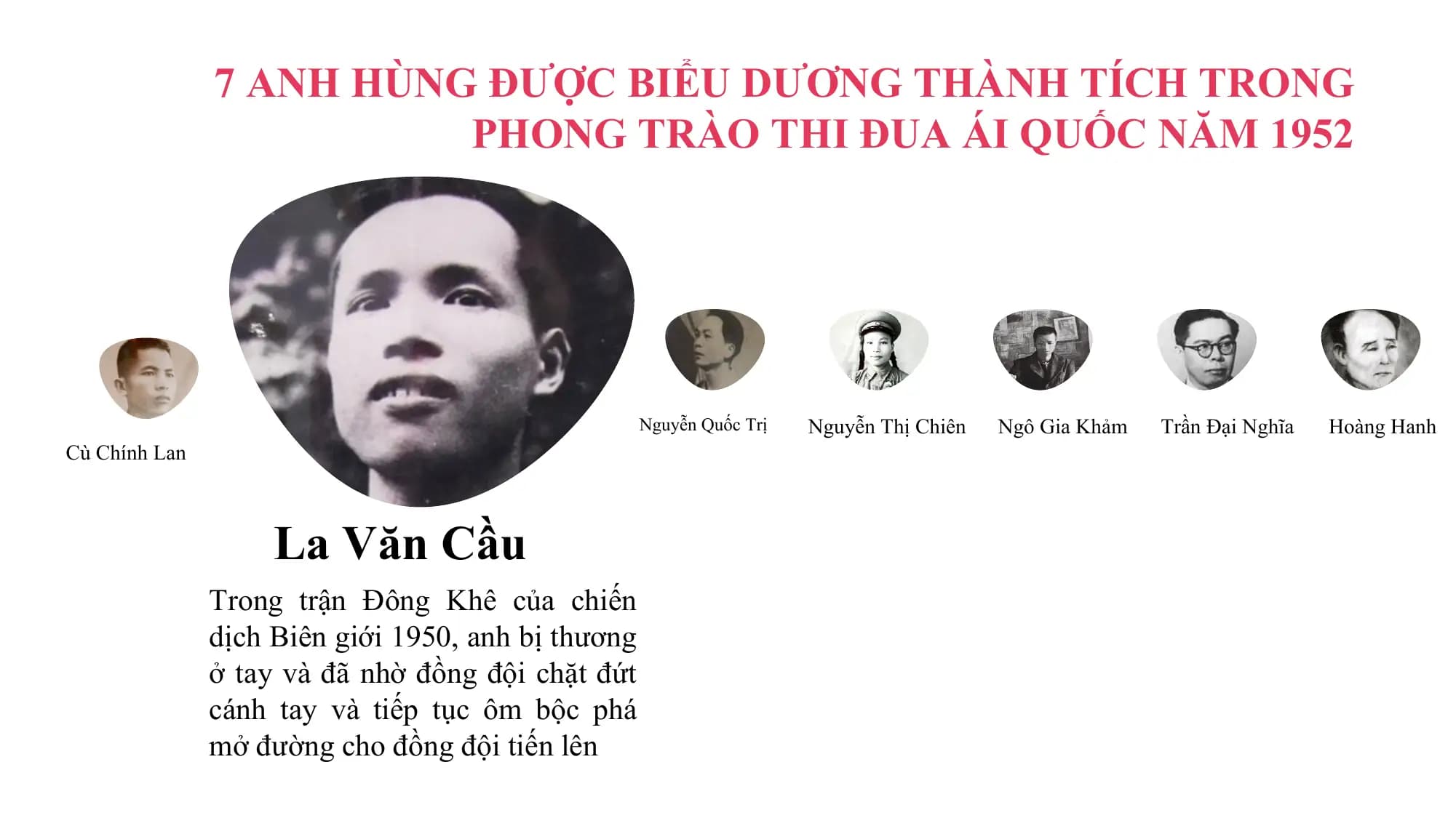 7 ANH HÙNG ĐƯỢC BIỂU DƯƠNG THÀNH TÍCH TRONG
 PHONG TRÀO THI ĐUA ÁI QUỐC NĂM 1952

 Nguyễn Quốc Trị Nguyễn Thị Chiên Ngô Gia Khảm Trần Đại Nghĩa Hoàng Hanh
Cù Chính Lan

 La Văn Cầu
 Trong trận Đông Khê của chiến
 dịch Biên giới 1950, anh bị thương
 ở tay và đã nhờ đồng đội chặt đứt
 cánh tay và tiếp tục ôm bộc phá
 mở đường cho đồng đội tiến lên