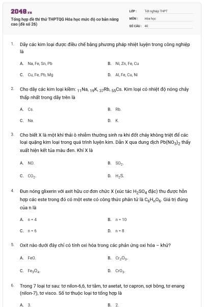 Tổng hợp đề thi thử THPTQG Hóa học mức độ cơ bản nâng cao (đề số 26)