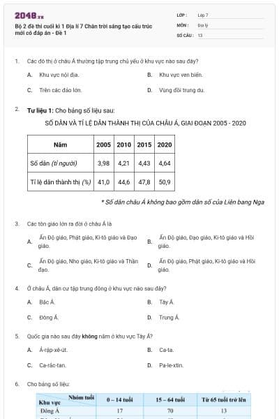 Bộ 2 đề thi cuối kì 1 Địa lí 7 Chân trời sáng tạo cấu trúc mới có đáp án - Đề 1