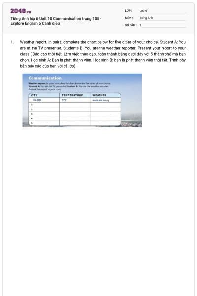 Tiếng Anh lớp 6 Unit 10 Communication trang 105 - Explore English 6 Cánh diều