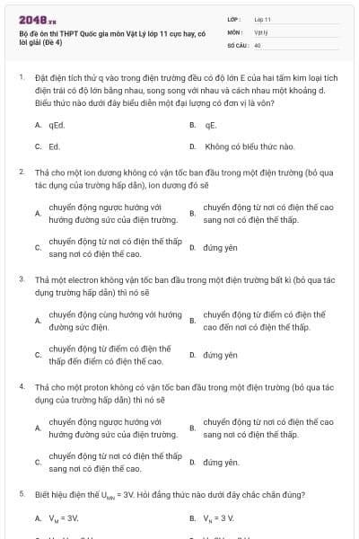 Bộ đề ôn thi THPT Quốc gia môn Vật Lý lớp 11 cực hay, có lời giải (Đề 4)