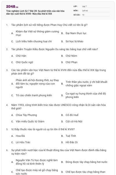 Trắc nghiệm Lịch Sử 7 Bài 28: Sự phát triển của văn hóa dân tộc cuối thế kỉ XVIII- Nửa đầu thế kỉ XIX