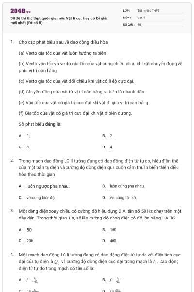 30 đề thi thử thpt quốc gia môn Vật lí cực hay có lời giải mới nhất (Đề số 8)