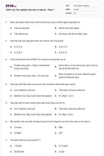 1000+ câu Trắc nghiệm Hóa sinh có đáp án - Phần 7