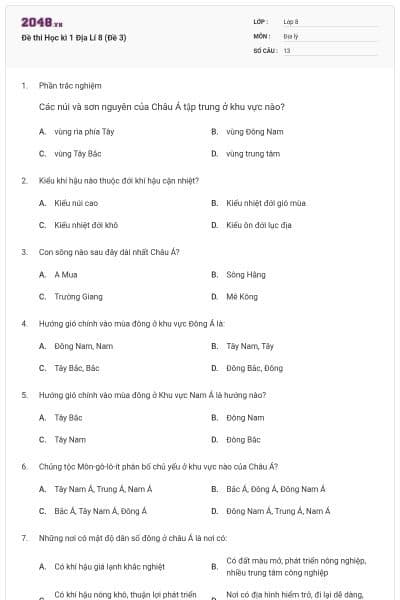Đề thi Học kì 1 Địa Lí 8 (Đề 3)