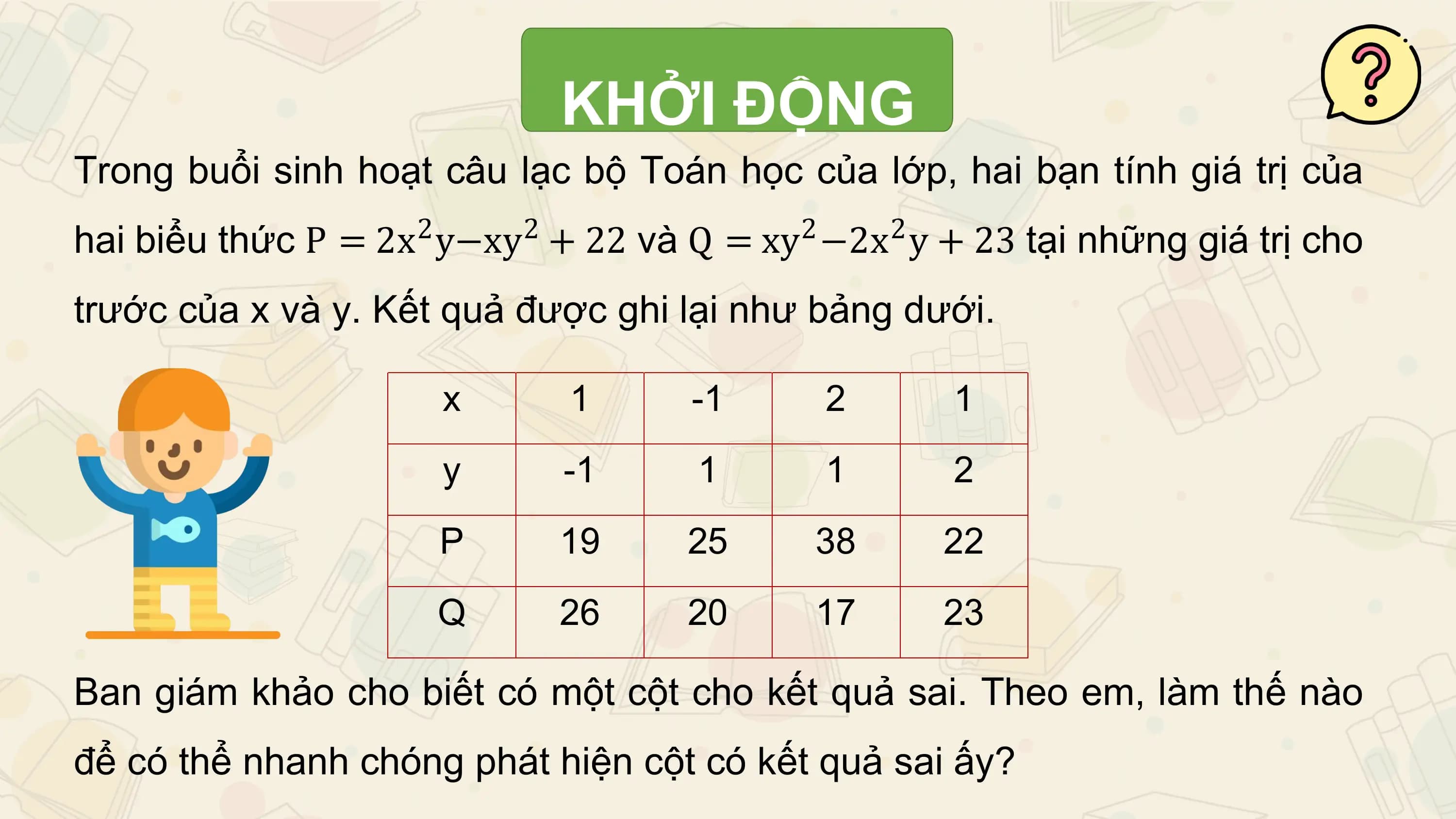 KHỞI ĐỘNG
Trong buổi sinh hoạt câu lạc bộ Toán học của lớp, hai bạn tính giá trị của
 2 2 2 2
hai biểu thức P = 2x y−xy + 22 và Q = xy −2x y + 23 tại những giá trị cho
trước của x và y. Kết quả được ghi lại như bảng dưới.

 x 1 -1 2 1
 y -1 1 1 2
 P 19 25 38 22
 Q 26 20 17 23

Ban giám khảo cho biết có một cột cho kết quả sai. Theo em, làm thế nào
để có thể nhanh chóng phát hiện cột có kết quả sai ấy?