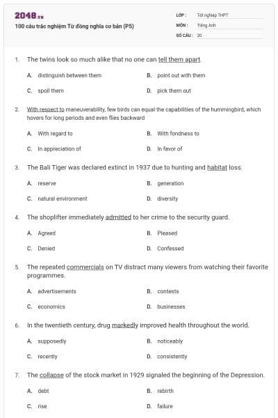 100 câu trắc nghiệm Từ đồng nghĩa cơ bản (P5)