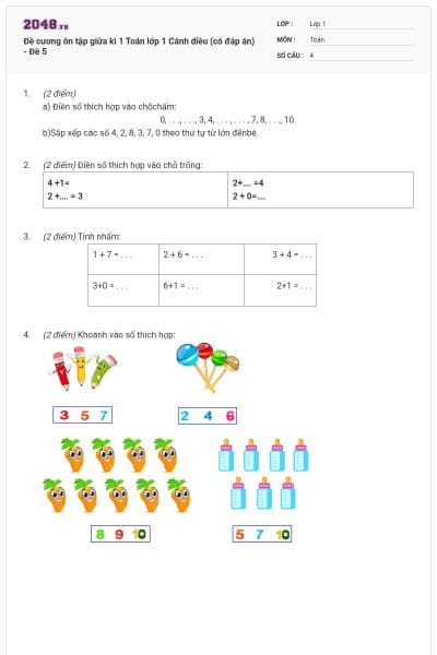 Đề cương ôn tập giữa kì 1 Toán lớp 1 Cánh diều (có đáp án) - Đề 5