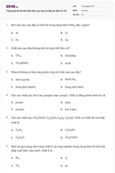Tổng hợp đề thi thử Hóa Học cực hay có đáp án (Đề số 19)
