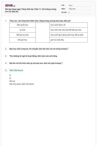 Bài tập hàng ngày Tiếng Việt lớp 2 Bài 11: Cái trống trường em (có đáp án)