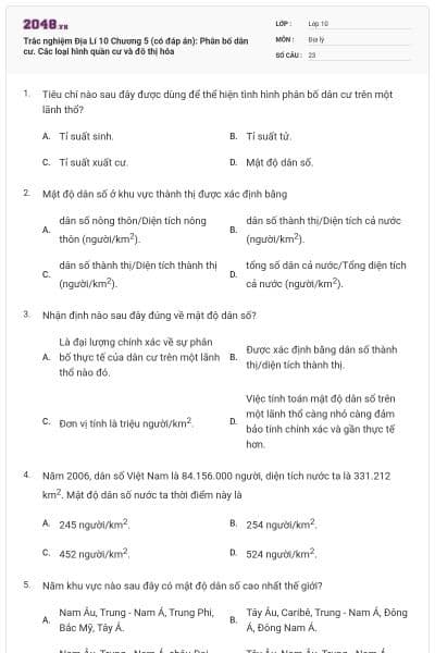 Trắc nghiệm Địa Lí 10 Chương 5 (có đáp án): Phân bố dân cư. Các loại hình quần cư và đô thị hóa