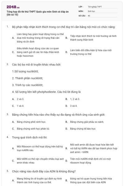 Tổng hợp đề thi thử THPT Quốc gia môn Sinh có đáp án (Đề số 10)