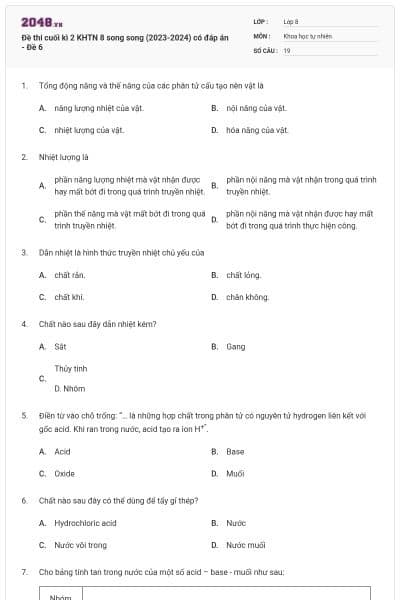Đề thi cuối kì 2 KHTN 8 song song (2023-2024) có đáp án - Đề 6