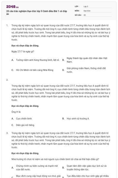 20 câu trắc nghiệm Đạo đức lớp 5 Cánh diều Bài 1 có đáp án