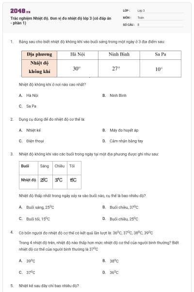 Trắc nghiệm Nhiệt độ. Đơn vị đo nhiệt độ lớp 3 (có đáp án - phần 1)