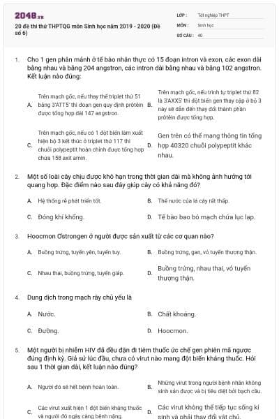 20 đề thi thử THPTQG môn Sinh học năm 2019 - 2020 (Đề số 6)