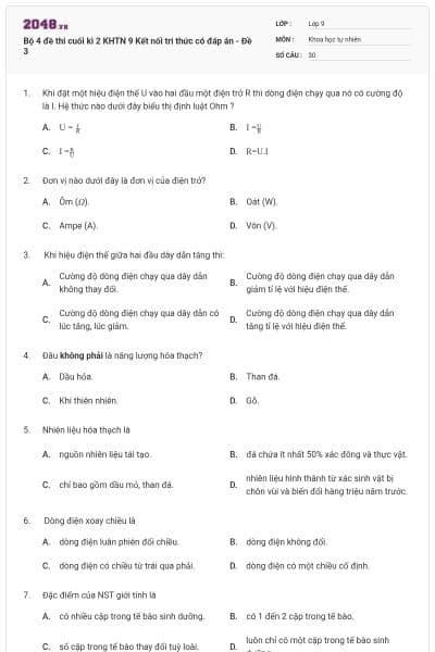 Bộ 4 đề thi cuối kì 2 KHTN 9 Kết nối tri thức có đáp án - Đề 3