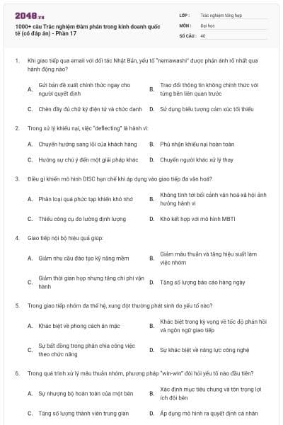 1000+ câu Trắc nghiệm Đàm phán trong kinh doanh quốc tế (có đáp án) - Phần 17
