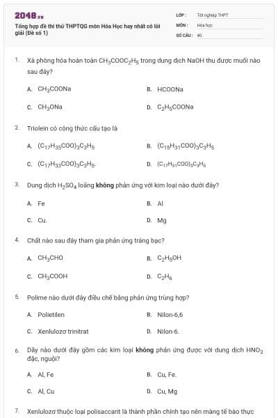 Tổng hợp đề thi thử THPTQG môn Hóa Học hay nhất có lời giải (Đề số 1)