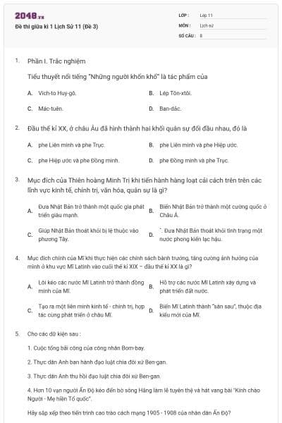 Đề thi giữa kì 1 Lịch Sử 11 (Đề 3)