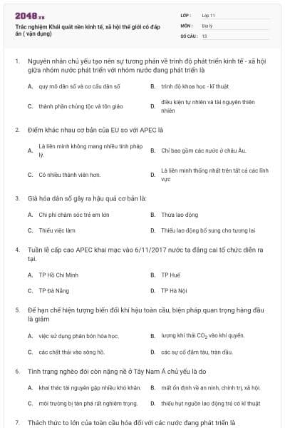 Trắc nghiệm Khái quát nền kinh tế, xã hội thế giới có đáp án ( vận dụng)