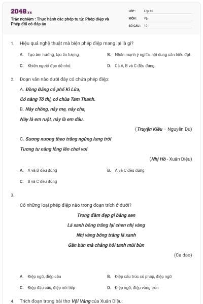 Trắc nghiệm : Thực hành các phép tu từ: Phép điệp và Phép đối có đáp án