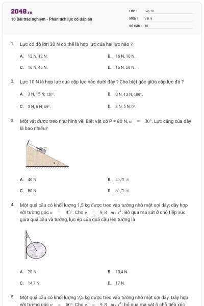 10 Bài trắc nghiệm - Phân tích lực có đáp án