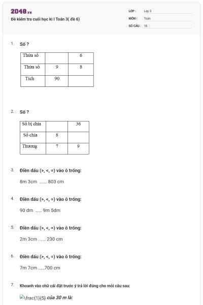 Đề kiểm tra cuối học kì I Toán 3( đề 6)