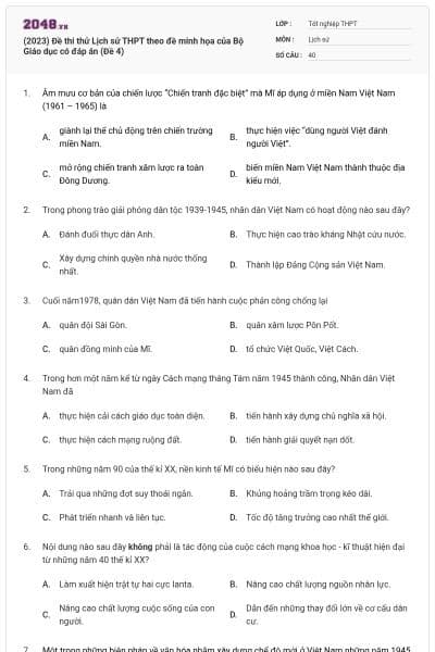 (2023) Đề thi thử Lịch sử THPT theo đề minh họa của Bộ Giáo dục có đáp án (Đề 4)