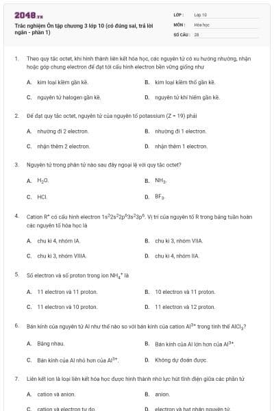 Trắc nghiệm Ôn tập chương 3 lớp 10 (có đúng sai, trả lời ngắn - phần 1)