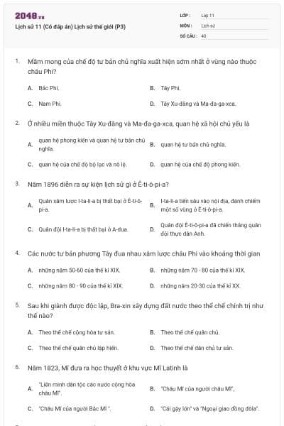 Lịch sử 11 (Có đáp án) Lịch sử thế giới (P3)