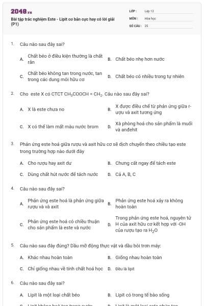 Bài tập trắc nghiệm Este - Lipit cơ bản cực hay có lời giải (P1)