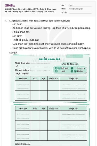 Giải VBT hoạt động trải nghiệm KNTT 4 Tuần 9: Thực trạng vệ sinh trường, lớp – khảo sát thực trạng vệ sinh trường, lớp