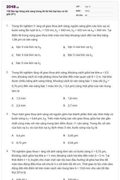 190 Bài tập Sóng ánh sáng trong đề thi thử Đại học có lời giải (P1)