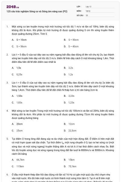 125 câu trắc nghiệm Sóng cơ và Sóng âm nâng cao (P2)