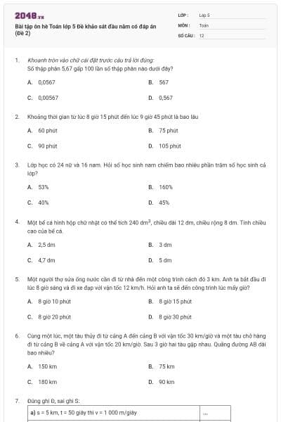 Bài tập ôn hè Toán lớp 5 Đề khảo sát đầu năm có đáp án (Đề 2)