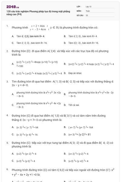120 câu trắc nghiệm Phương pháp tọa độ trong mặt phẳng nâng cao (P4)